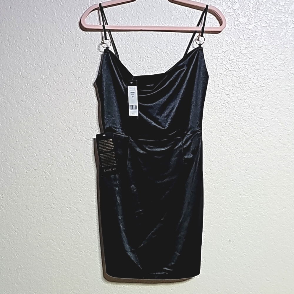 NWT - Bebe black satin dress with gold rings size S, sexy classy timeless LBD